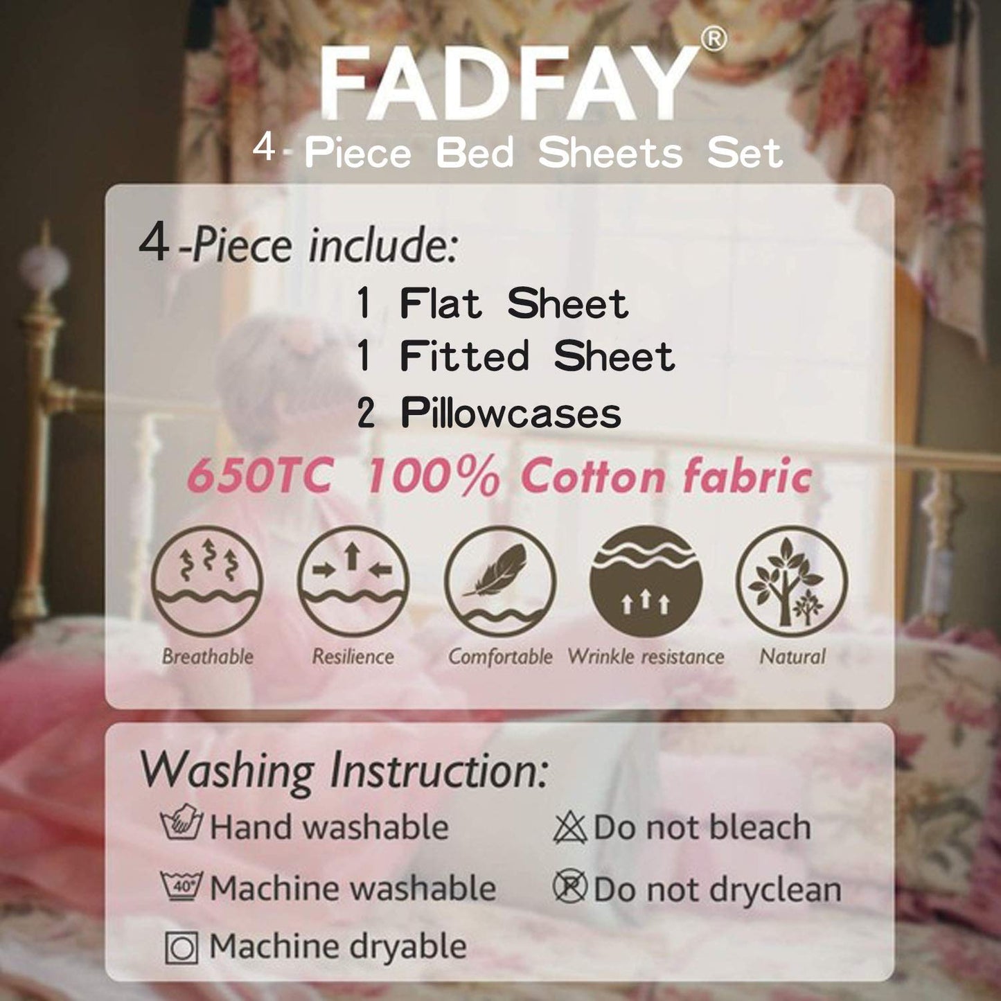 FADFAY Cotton Rose Floral Print Bed Sheets 4-Piece King Size