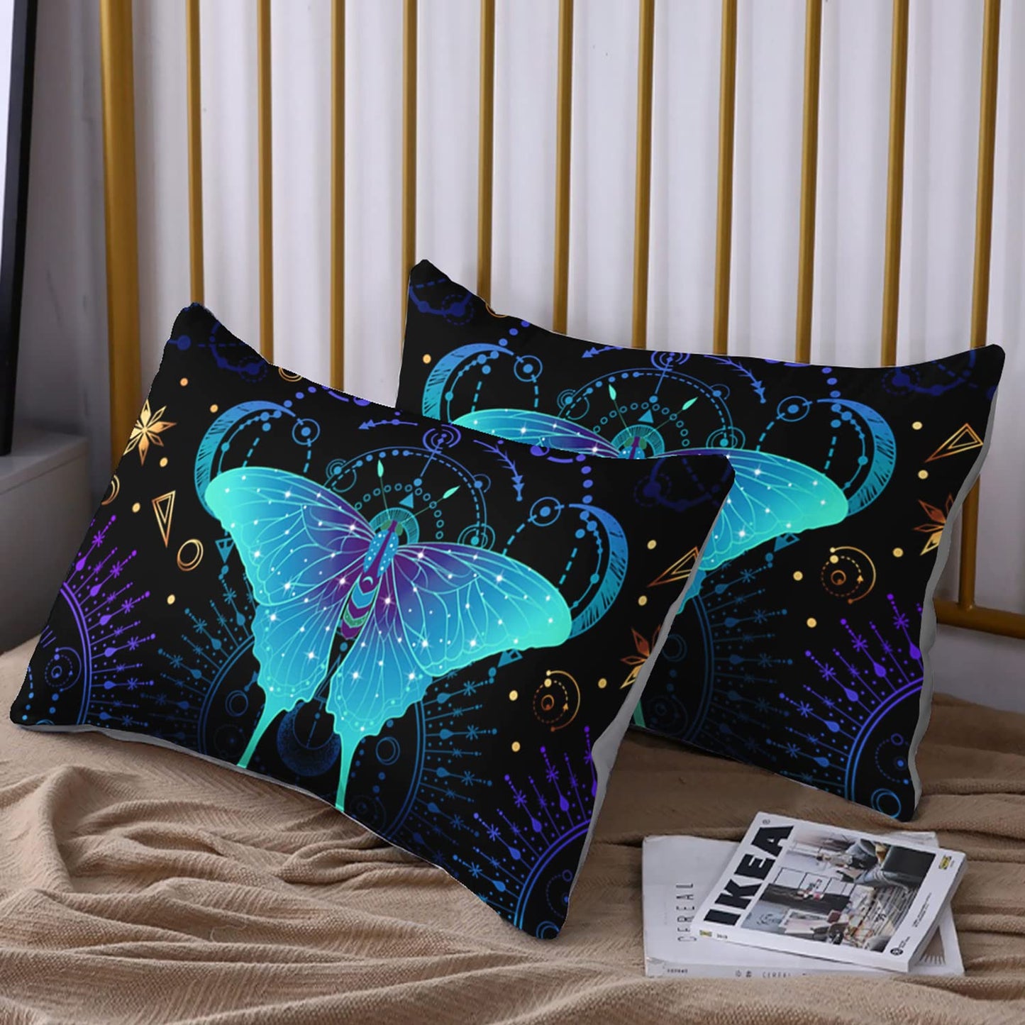 HOSIMA Blue Butterfly Fitted Sheet Boho Bedding Room Decor Aesthetics,Black and Gold Bedding Sets Queen Size,Blue Purple Mystical Totem Print Kids Fitted Sheet Sets for Girls Boys Teens.