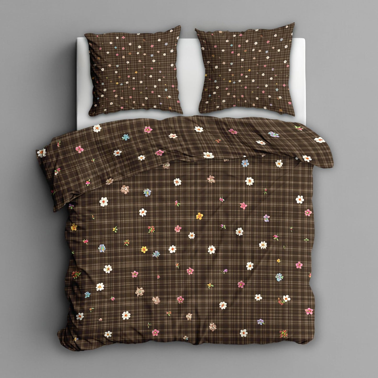 Farmhouse Floral King Size Duvet Cover Set 3 Piece, Brown Plaid Flower Reversible Bedding with 2 Pillow Shams, Zipper & Ties, Ultra Soft Microfiber, Floral Bedroom Decorations 41A-I