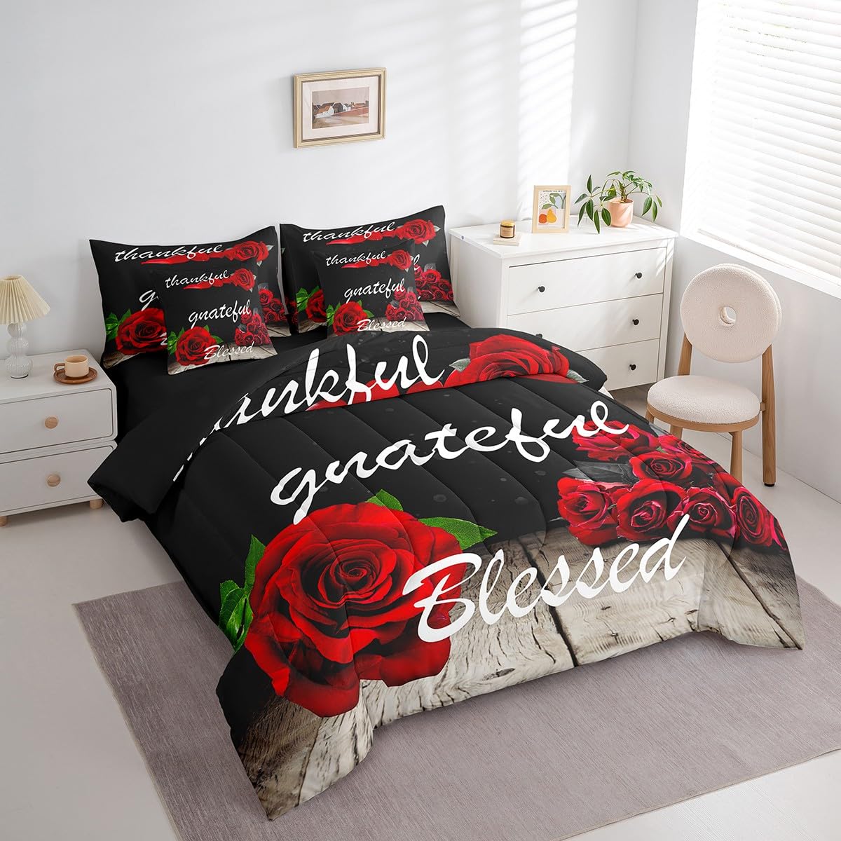 Feelyou Red Rose 7 Piece Bedding Set for Adult Couple Full Size Flower Floral Comforter Set with Sheets Boys Girls Blessed Gift Bed in a Bag Romantic Bed Set
