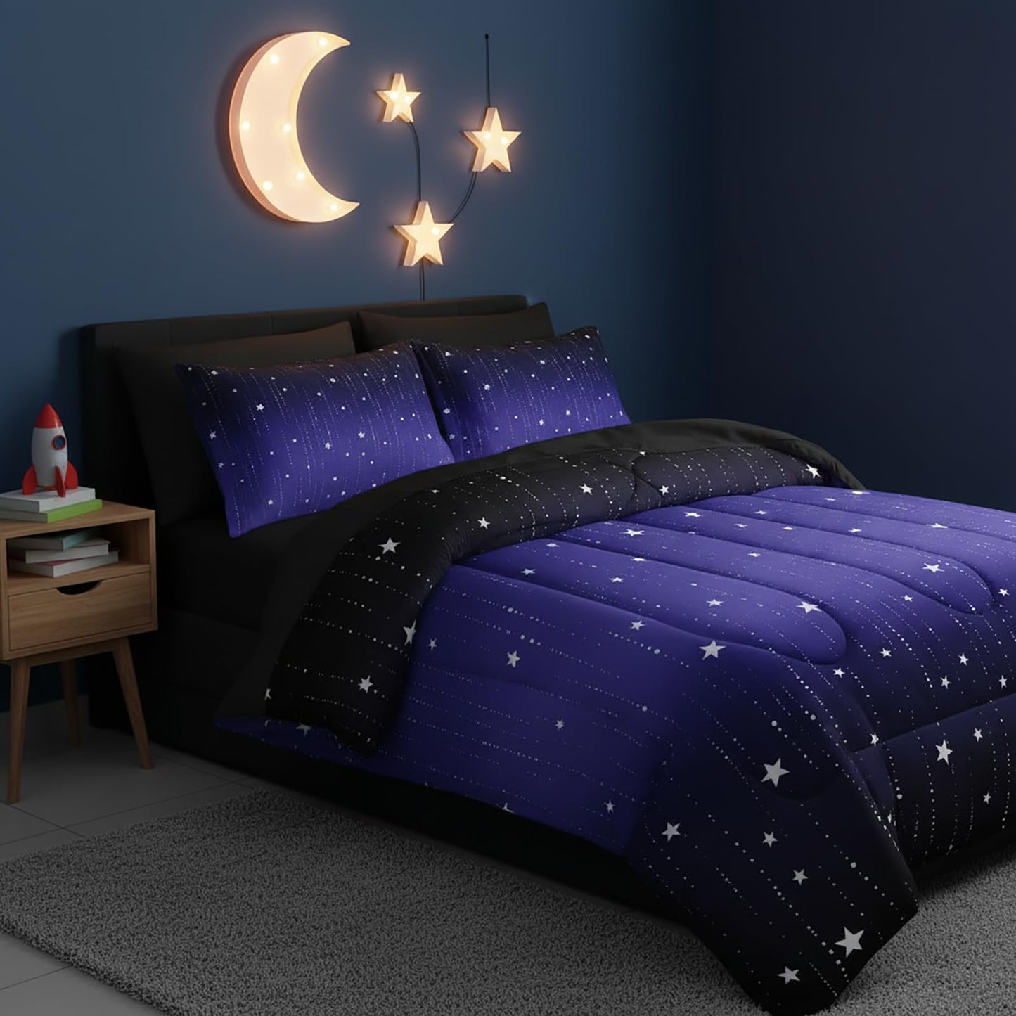 QOOMO Blue Galaxy 7 Pieces Comforter Set Queen Size,Starry Sky Bedding Set for Kids Teens Boys-Include 1 Comforter,1 Fitted Sheet,1 Flat Sheet,2 Printing Pillowcases and 2 Black Pillowcases