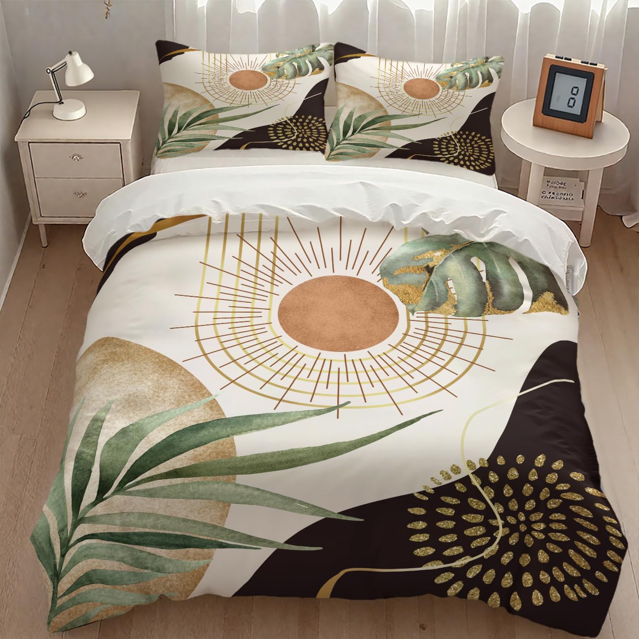Lnepty Boho Sunrise Bedding Set,Mid Century Aesthetic Tropical Palm Leaves Abstract Minimalist Comforter Set with Pillowcase for Bedroom Bed Decor，Twin 86"x70"