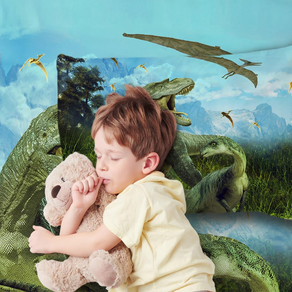 NiuOne Dinosaurs Bed Sheets Twin for Boys,3D Realistic Dinosaur Green Fitted Sheets Set Ancient Jungle Dinosaur Bed Sheet Kids Soft Microfiber Bedding Sheets Set (Blue Sky Dinosaurs, Twin)