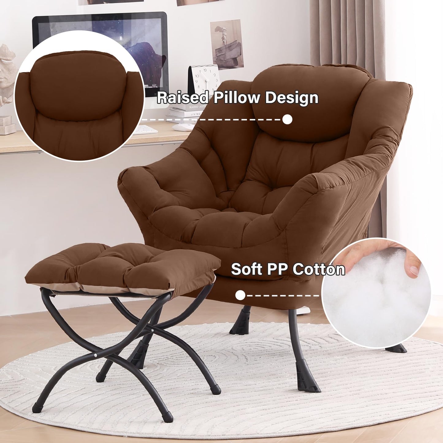 Tiita Lazy Chair with Ottoman, Brown Modern Large Accent Chair, Comfy Leisure Sofa Armchair with Ottoman, Reading Chair with Footrest for Bedroom, Living Room, Dorm Rooms, Brown