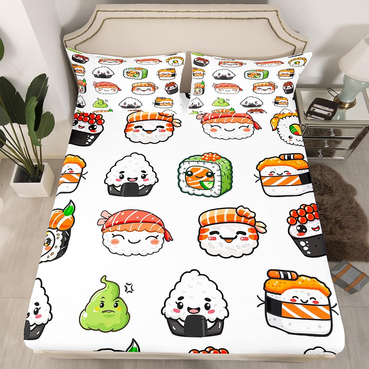 Sushi Pattern Bedding Set Queen Size Kids Cute Bed Sheet Set for Girls Teens Bedroom Decor Cartoon Japanese Style Fitted Sheet Soft Microfiber Kawaii Bed Cover (1 Fitted Sheet + 1 Pillow Case)
