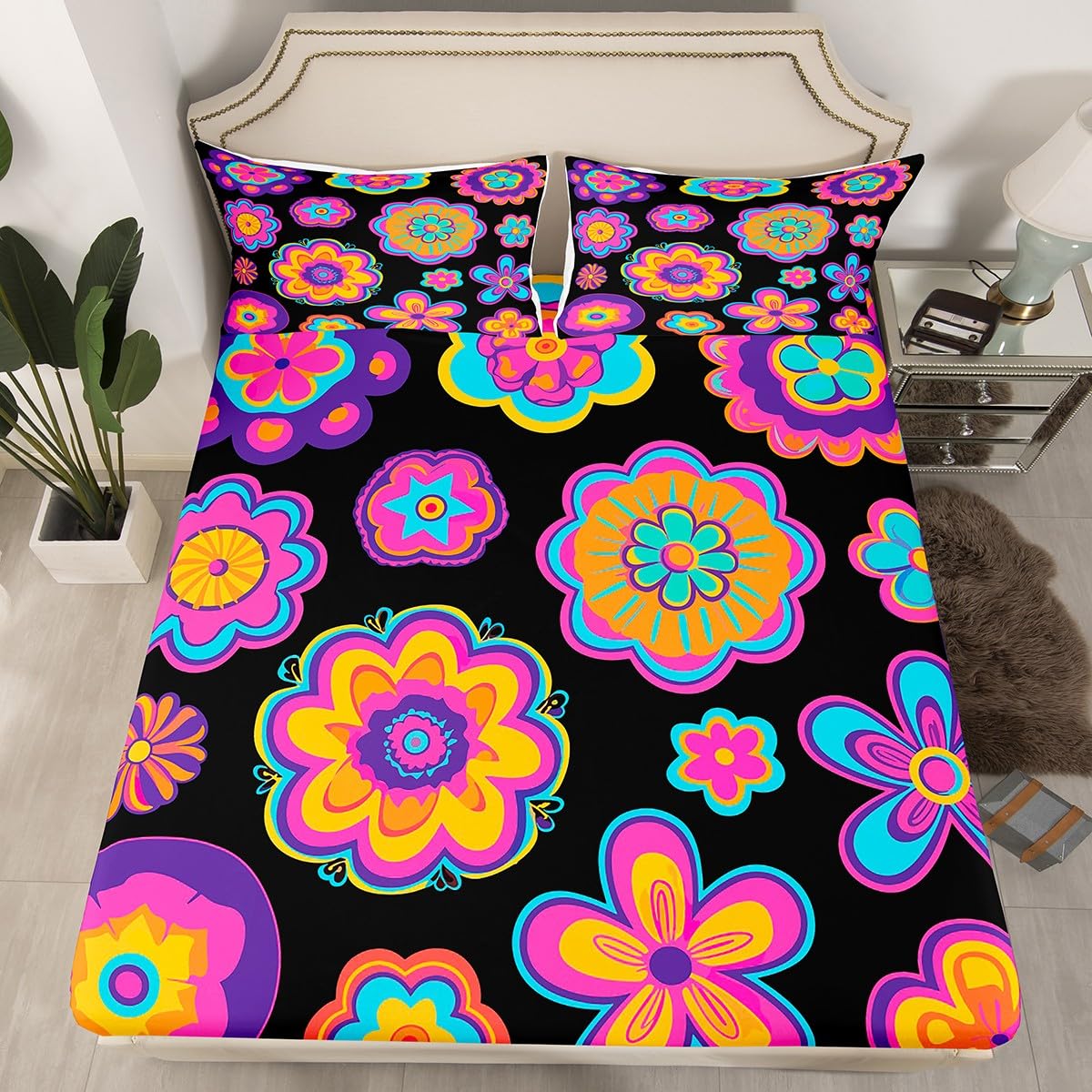 Erosebridal Groovy Flower Power Bedding Set Full Girls Neon Purple Black Vintage Floral Bed Sheets Hippie Aesthetic Psychedelic Botanical Sheet Set Soft Fitted Sheet + Flat Sheet + 2 Pillow Cases