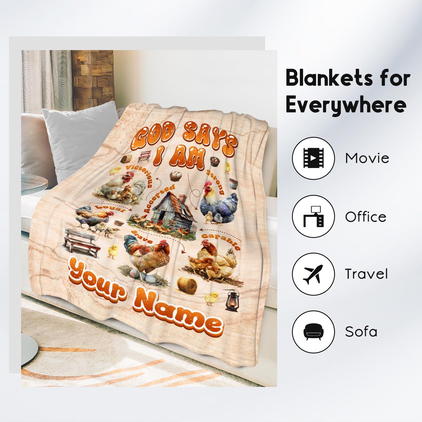 Custom Chicken Blanket with Name, Chicken Gifts for Women & Kids, Inspirational Fleece Throw Blanket, 50"x60"