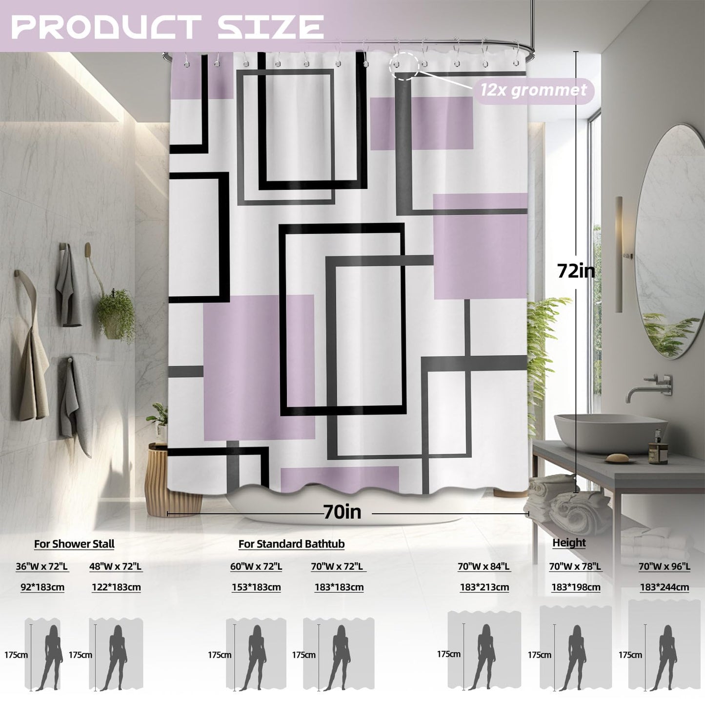 Yieldeer Geometric Shower Curtain, Light Purple, 70 x 72 Inch