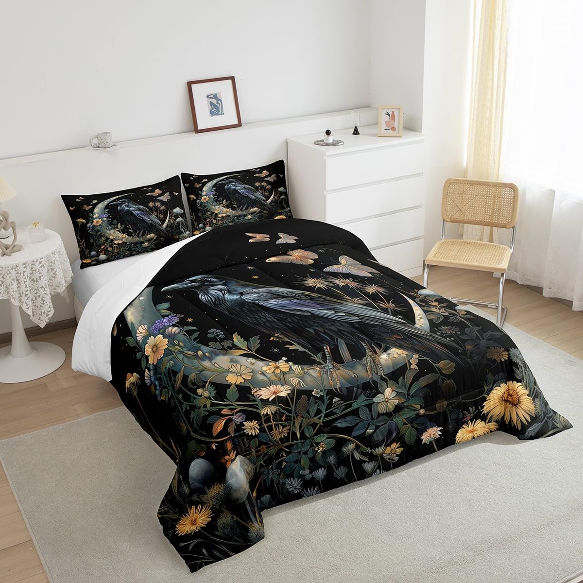 Black Crow Comforter Set Queen Size,Moon Daisy Flower and Butterfly Bedding Set,Kids Girls Boys Teens Room Decor,Halloween Theme Animals Plants Quilt Set Boho Trippy Duvet Insert,2 Pillowcases…