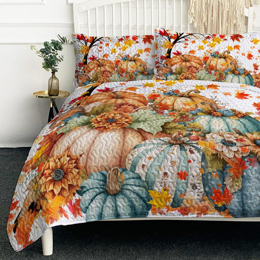 BlessLiving Fall King Size Quilt Set: Soft Lightweight Colorful Pumpkin Printed Bedding Sets with 2 Pillowcases for All Season - Fall Flower Leaves Quilted Bedspread Coverlet for Women Adults Gifts