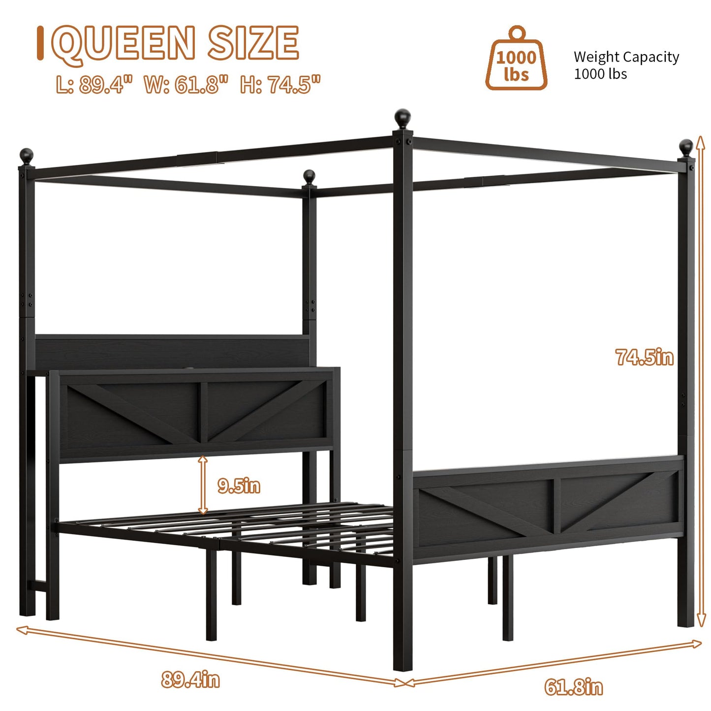 Tsovihe Canopy Bed Frame Queen Size with Barn Door Storage Headboard, Metal Platform Base & Mattress Foundation, LED Light & Charging Station, No Box Spring Needed, Easy Assembly Black‌