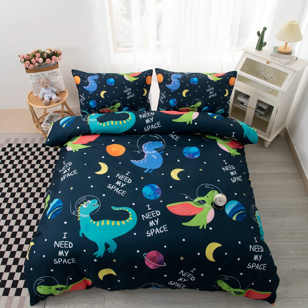 CVHOUSE Dinosaur Bedding Queen Size,Space Dinosaur Bedding Set for Boys Kids Teens,Nave Blue Comforter Set Cover Soft,1 Duvet Cover 2 Pillowcases 3 Piece,Boy's Bedroom Decor