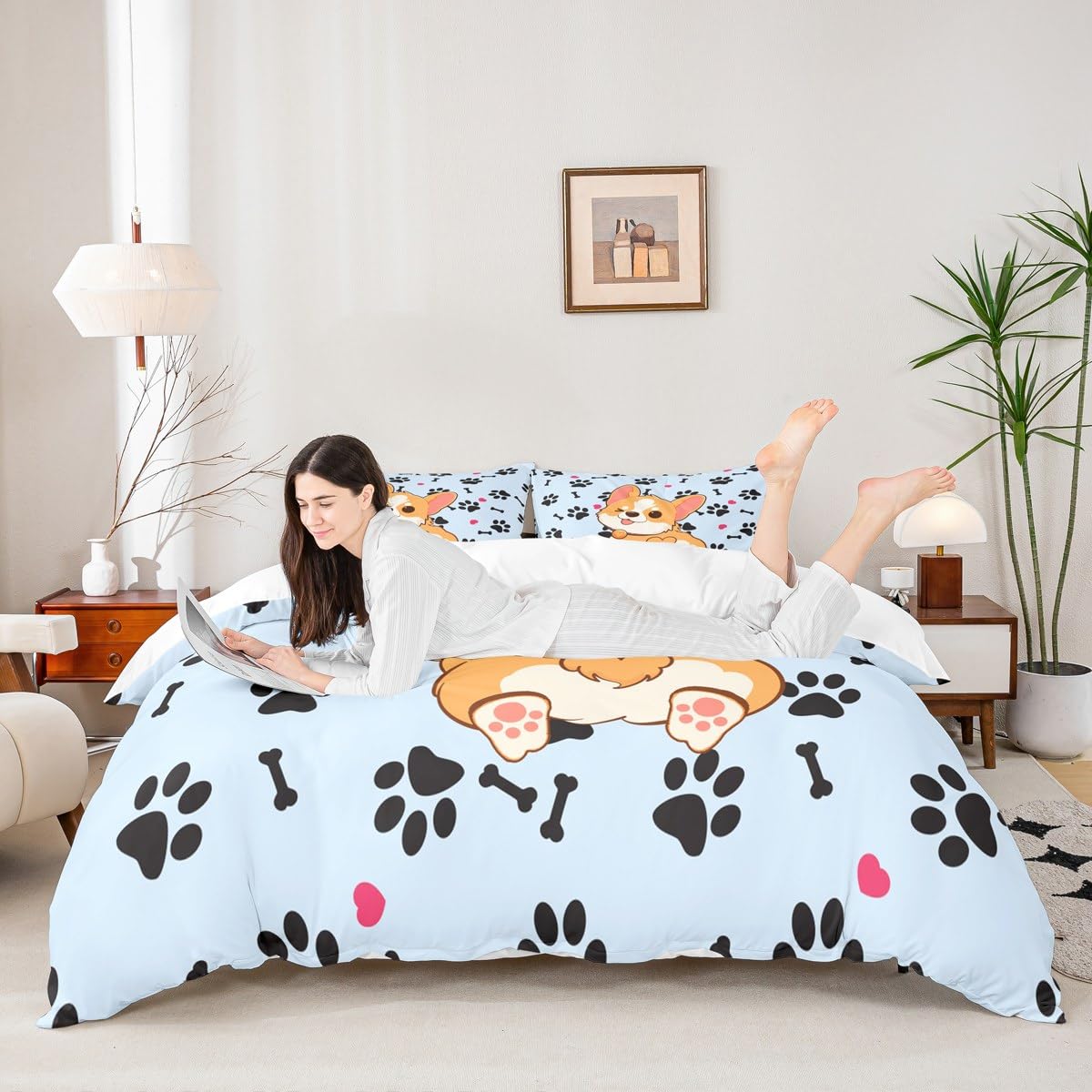 Cute Corgi Duvet Cover Set King Size,Cartoon Dog Footprint Bones Bedding Set 3pcs for Kids Boys Girls Room Decor,Smiling Doggy Comforter Cover Family Paw Quilt Cover with 2 Pillowcases,Blue