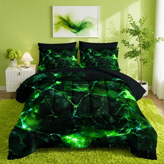 Nttopship Green Comforter Set Twin Size 7Pieces,3D Abstract Mordern Green Printed Bedding Set for Adults,Rock Fracture Texture Mordern Room Decor All Seasons with Pillowcases,Flat, Fitted Sheet