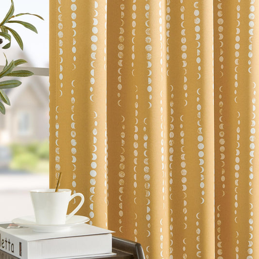jinchan 95% Blackout Boho Curtains 63 Inch Length Moon Phases Printed Drapes Rod Pocket Thermal Insulated Curtains for Bedroom Nursery Mustard Yellow Window Drapes Curtain Set 2 Panels