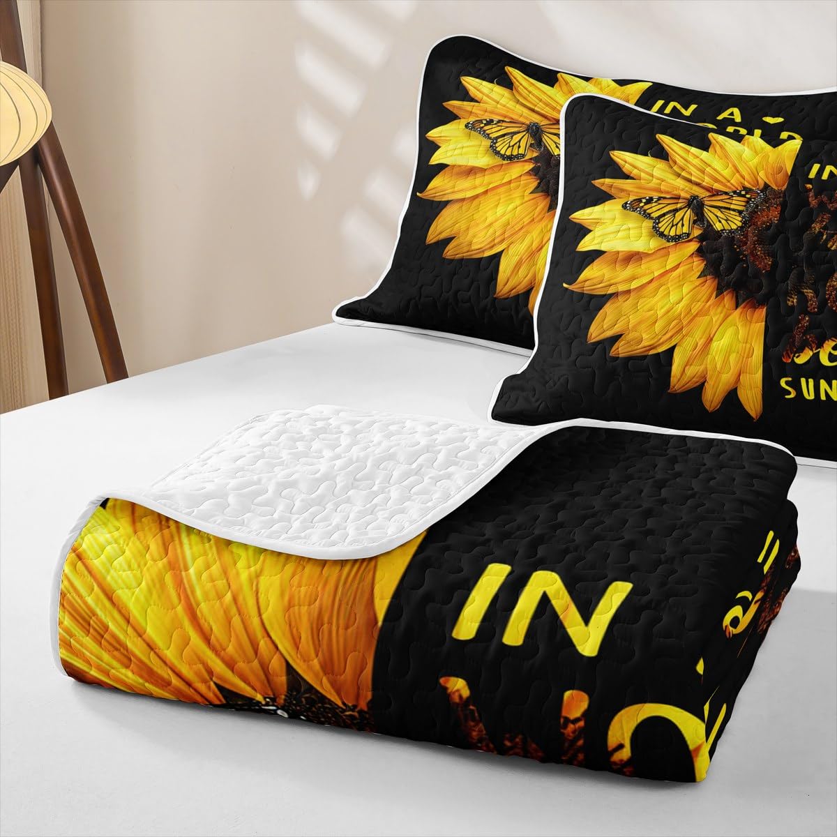 Erosebridal Sunflower Butterfly Quilt Full Yellow Floral Quilt Set Boho Chic Quilted Bedspread Spring Romantic Garden Style Bedding Coverlet with 2 Pillowcases