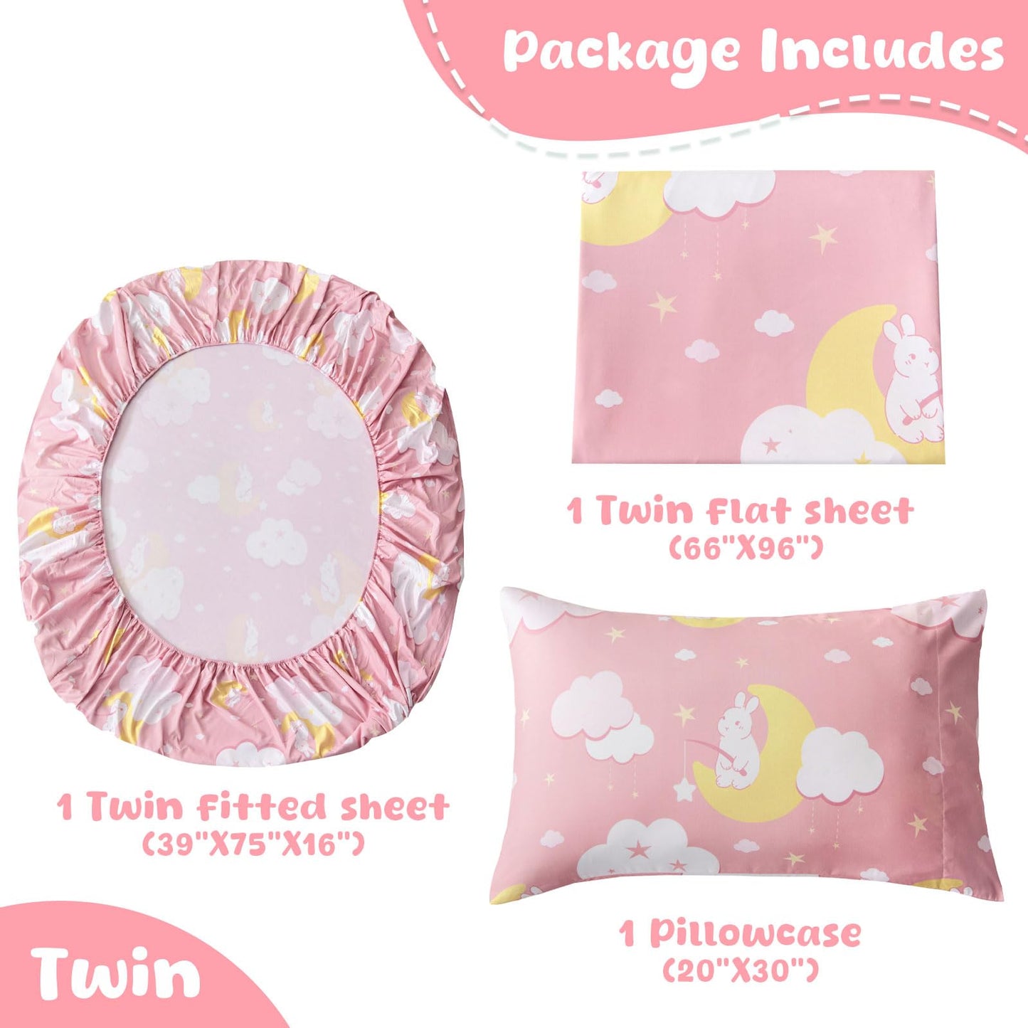 Swiftify Twin Sheet Set for Kids Girls, 3-Piece Bed Sheet Set for Toddler, Soft Brushed Microfiber Bedding, Deep Pocket, Wrinkle & Fade Resistant, Pink Bunny