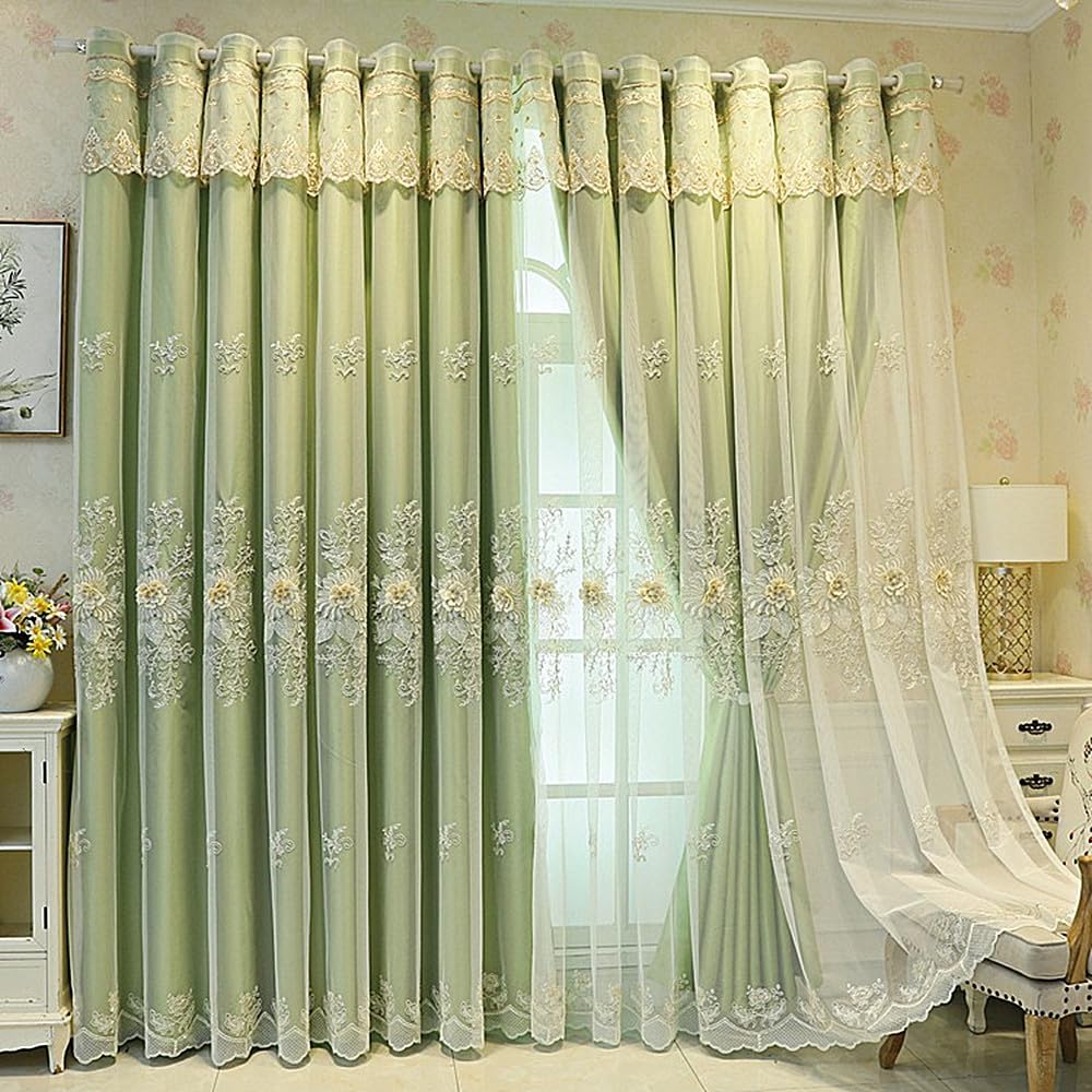 Amidoudou 1 Pair Luxury European Curtains with Valance for Living Room Bedroom Double Layer Embroidered Room Darkening Curtains (Green,51x95 Inch)