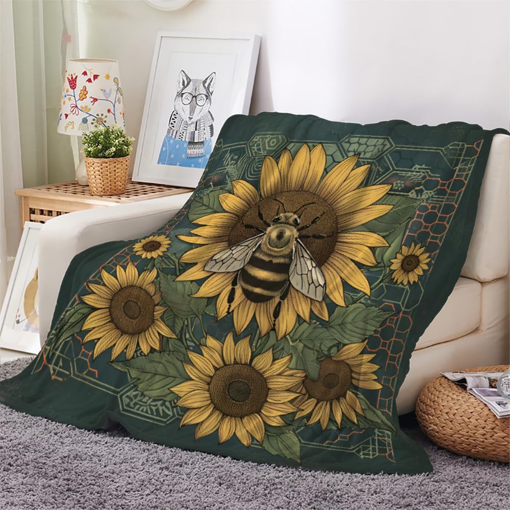 PAOABIU Sunflower Blanket Throw, Bee Floral Throw Blanket for Couch, Yellow Flowers Breathable Warm Bed Throw, Geometric Green Lightweight Fleece Blanket Kids 30"x 40" Camping & Travel Blanket