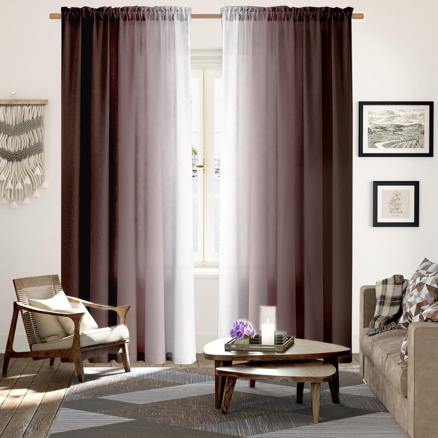 XFLINGBAO Brown Curtains for Living Room 84 Inch Length Brown White Ombre Curtains 2 Panel Bedroom Farmhouse Chocolate Ombre Light Filtering Window Curtain Modern Gradient Drapes
