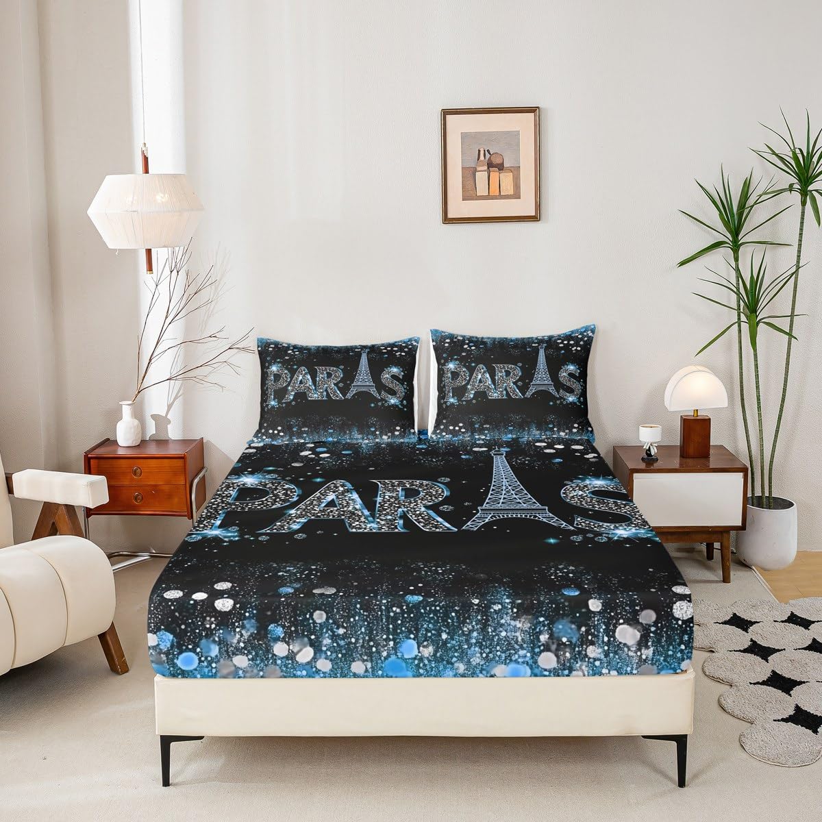 Eiffel Tower Fitted Sheet Full 3 Pcs,Romantic Paris City Sheets Sets Breathable Bedding(No Top Sheet),Blue Glitter Sequins Bed Sheet with Deep Pocket,Modern Fashion Bed Cover