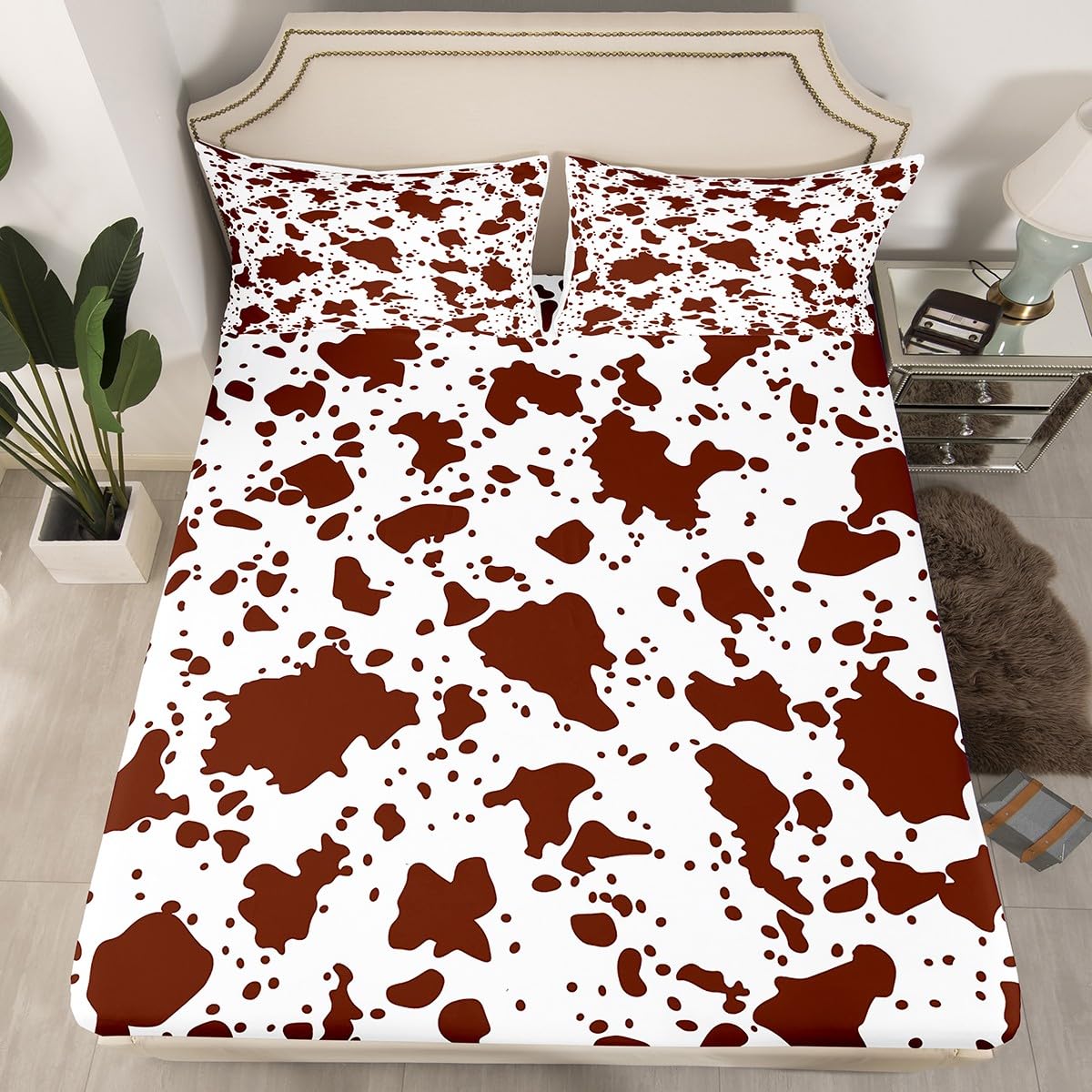 Erosebridal Cow Fur Print Bed Sheets Queen Size White Brown Cowhide Sheet Set 4Pcs for Kids Boys Room Decor Animal Skin Print Flat Sheet Farmhouse Cow Print Fitted Sheet with 2 Pillowcases
