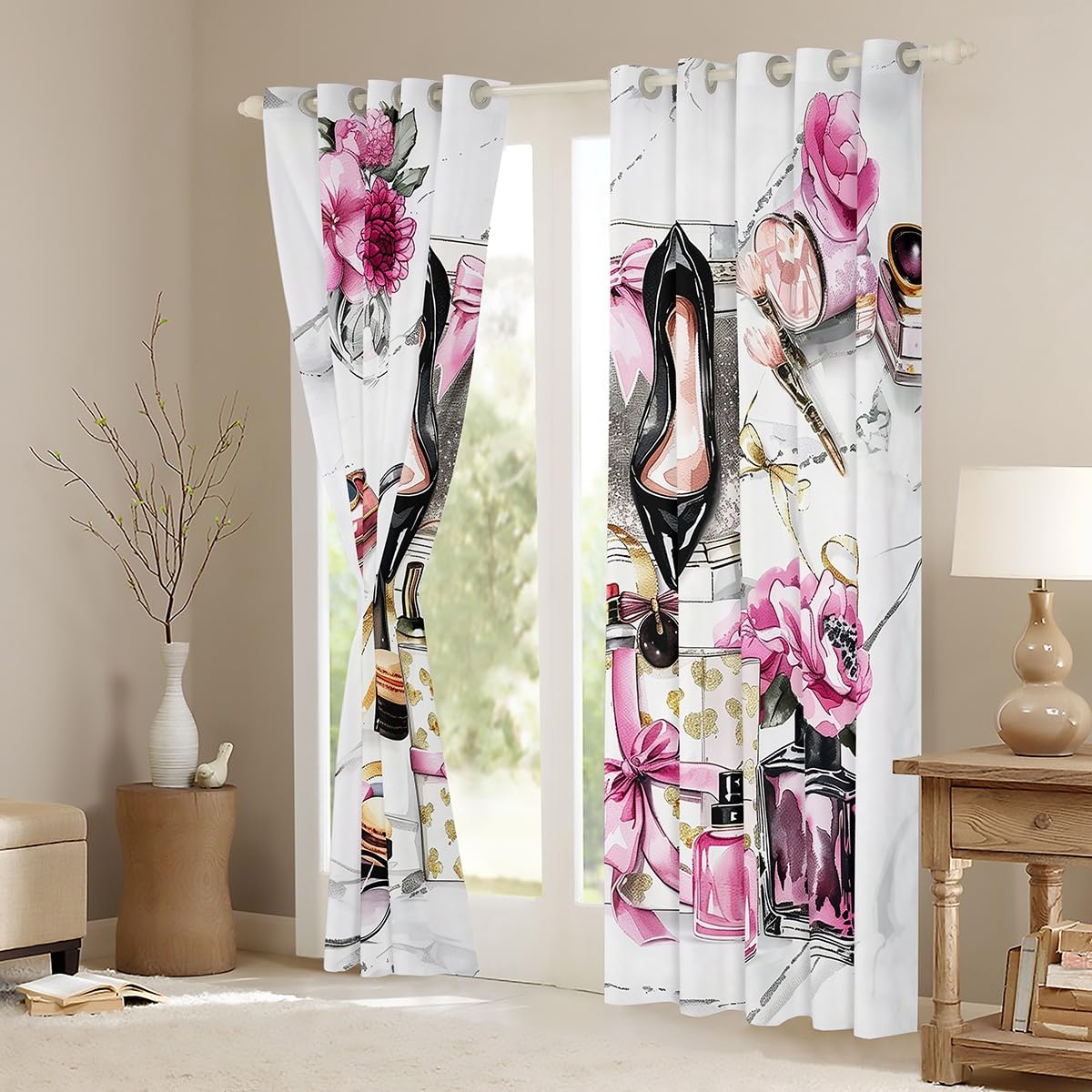 Erosebridal Pink Blackout Curtains Cute Flower Girly Window Curtains 42"x63" Bow Coquette Sweet Window Treatments Modern Magazine Silver High Heel Girls Women Makeup Romantic Fantasy Room Decor