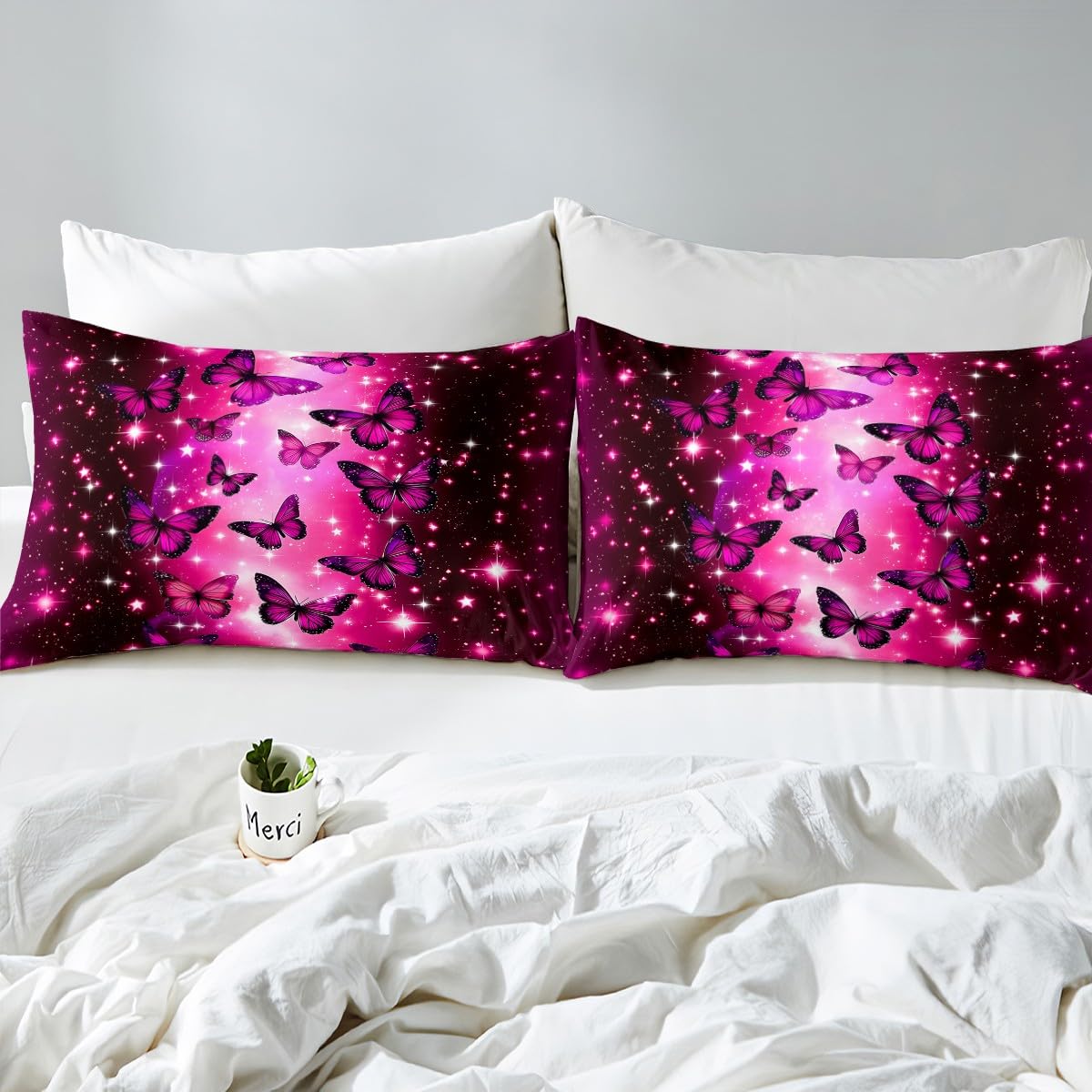 Feelyou Boys Girls Valentine's Day Fitted Sheet Full Size, Butterfly Bedding Set Kids Glitter Bed Sheet Set Romantic Teens Bed Cover Bedroom Decor Lightweight Bed Set (No Flat Sheet)