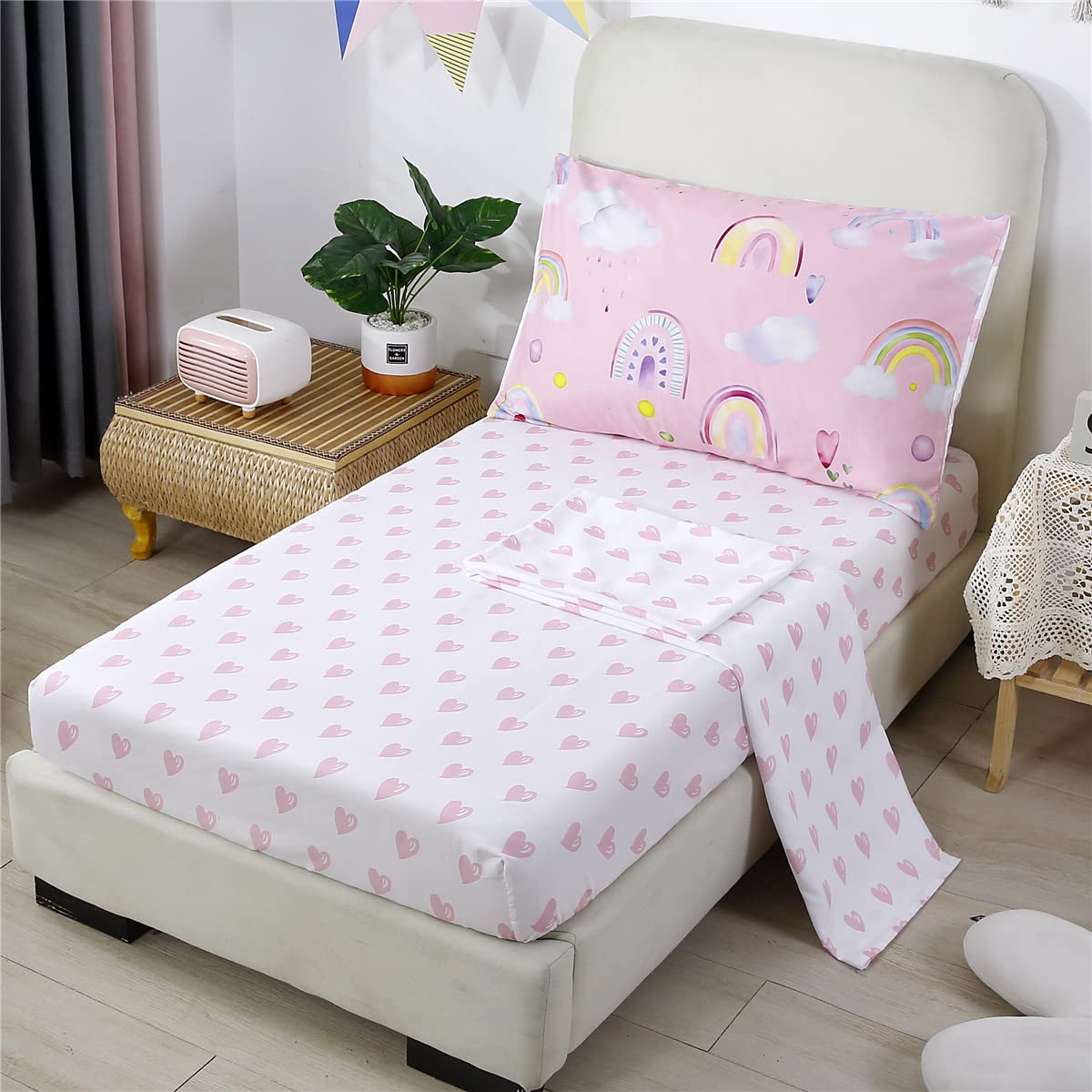URBONUR 4-Piece Toddler Bedding Set - Ultra Soft Colorful Rainbow Cloud Pink Girls Toddler Comforter Set - Include Comforter, Flat Sheet, Fitted Sheet and Reversible Pillowcase