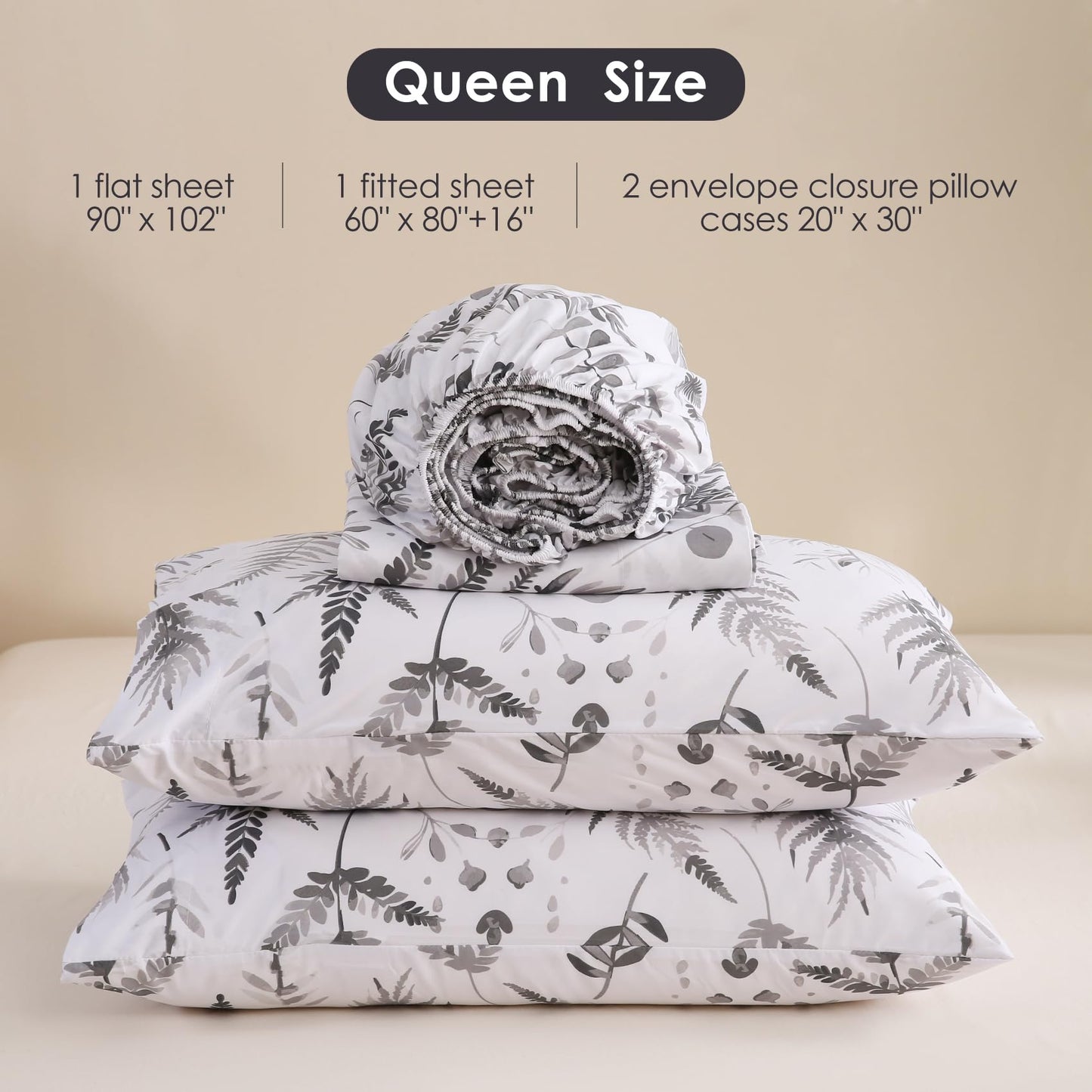 JSD Boho Floral Sheet Set Queen Size, 4 Piece Grey Herbs Ferns Printed Microfiber Bed Sheets Deep Pocket