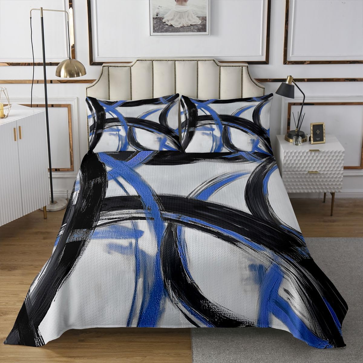 jejeloiu Blue and Black Striped Bedspread Quilts Abstract Gromment Stripes Coverlet Set King Size for Kids Boys Girls Modern Geometric Quilted Coverlet for All Season with 2 Pillowcases Microfiber