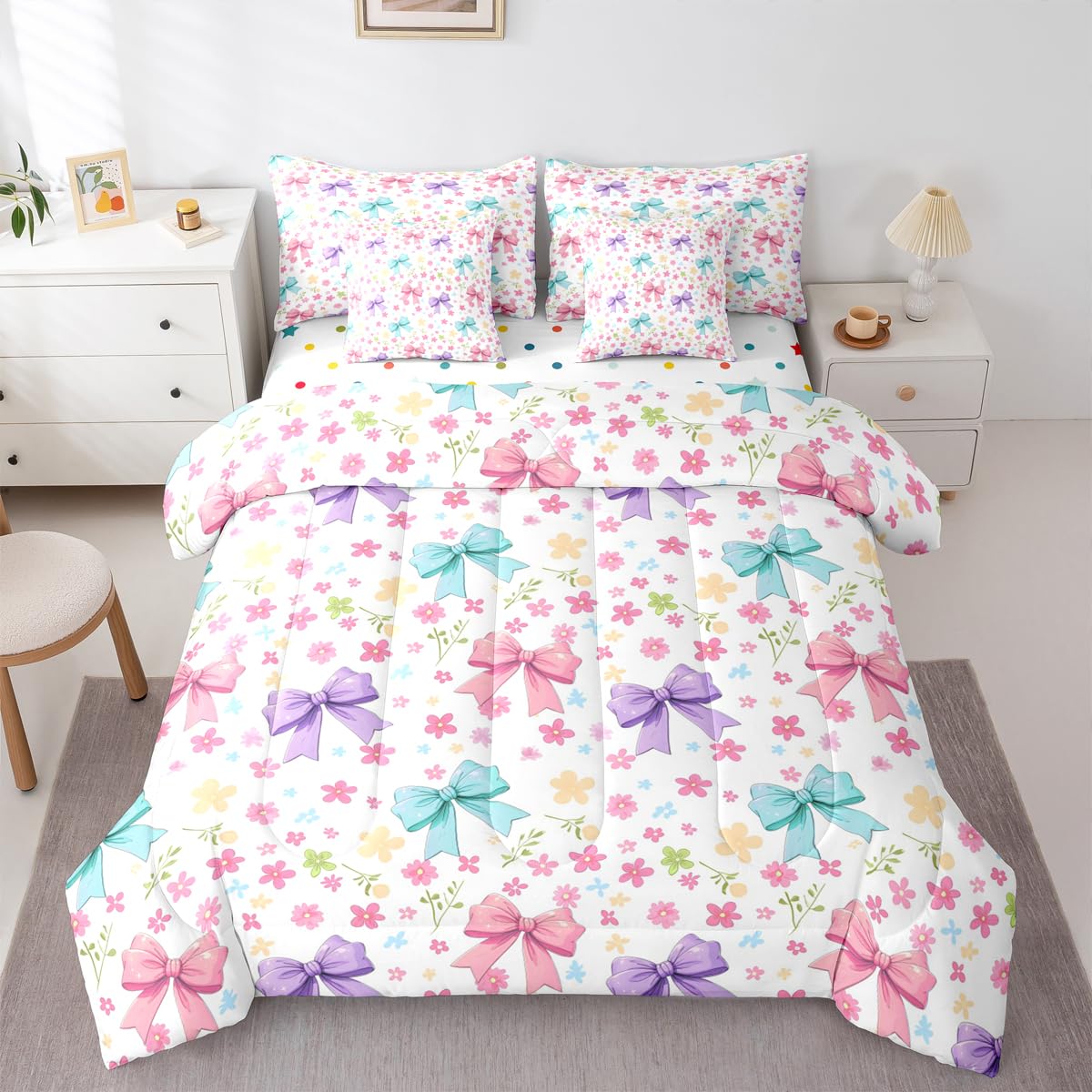 Feelyou Bow Comforter Set with Sheets 7 Piece Queen Size Floral Bed in a Bag Kids Boys Girls Cute Bedding Set Princess Style Bedroom Decor Blue Purple Pink Breathable Soft Lightweight Microfiber