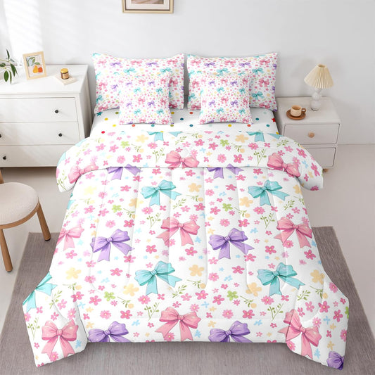Feelyou Bow Comforter Set with Sheets 7 Piece Queen Size Floral Bed in a Bag Kids Boys Girls Cute Bedding Set Princess Style Bedroom Decor Blue Purple Pink Breathable Soft Lightweight Microfiber