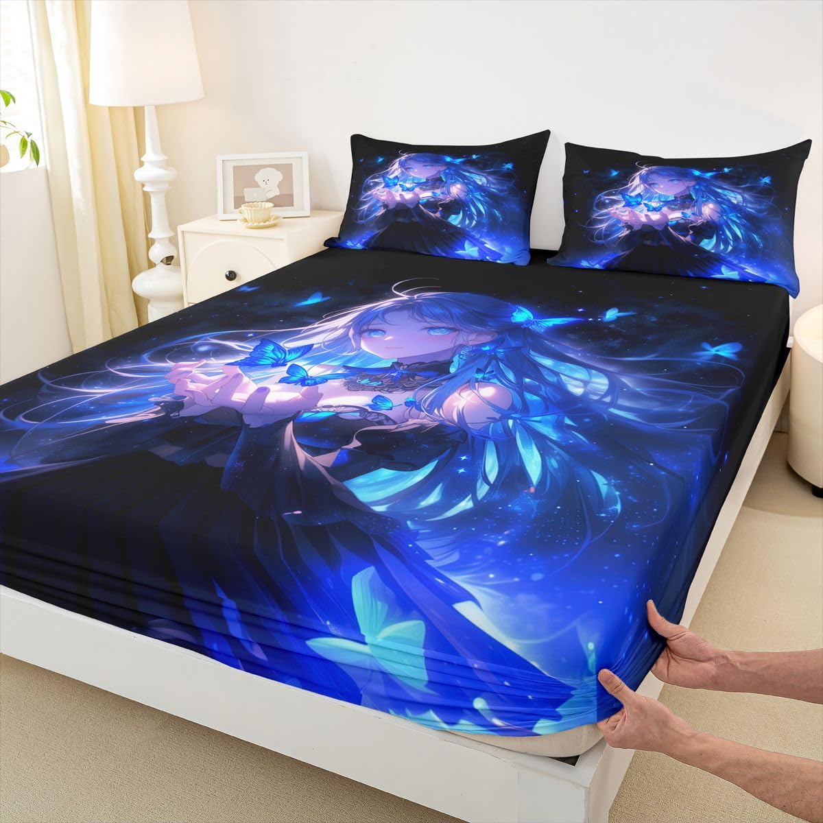 Erosebridal 3D Japanese Girl Fitted Sheet for Boys Girls Kids Blue Butterfly Decorations Queen Bed Sheets,Cartoon Sheets Anime Gifts for Her Bedding Sets, No Top Sheet