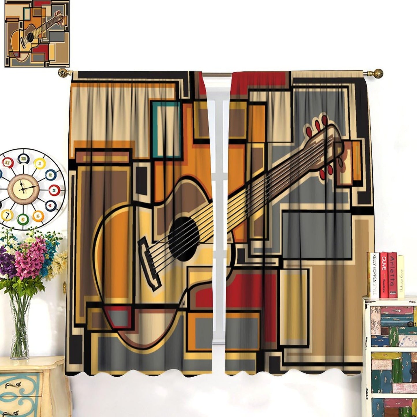SENQIAN Guitar Music Curtains Abstract Geometric Musical Theme Art Printed Rod Pocket Blackout Window Drapes for Living Room Kitchen Cafe Décor W21xL45in 2 Panels