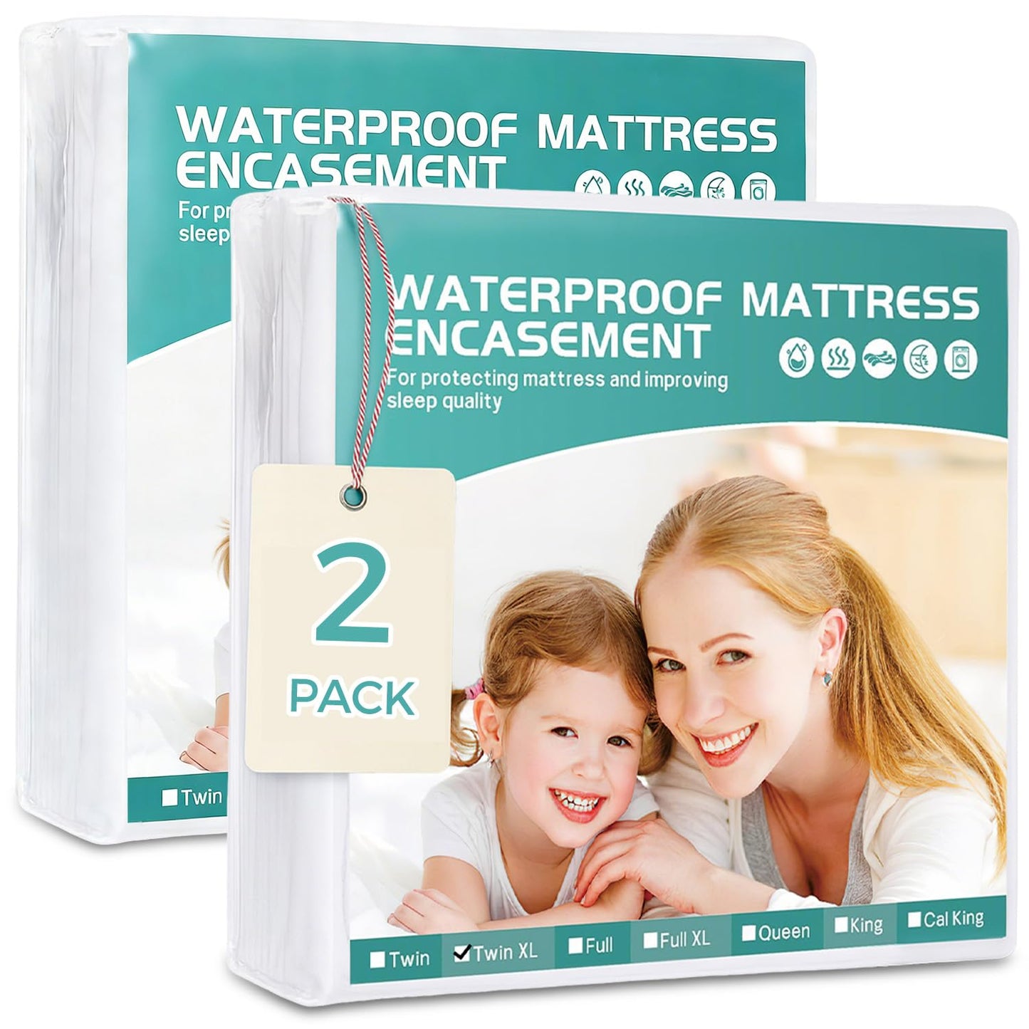 WINKAURA Premium Waterproof Mattress Cover Twin XL 2 Pack, Zippered Mattress Protector, 9 Inch Deep, 6-Sided Mattress Encasement - White
