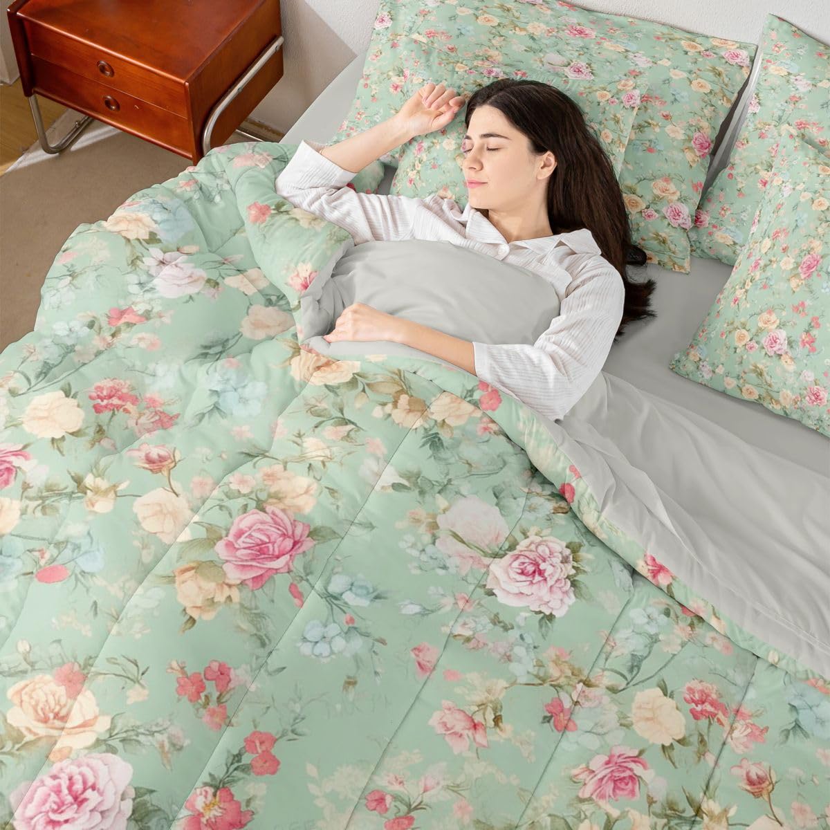 Erosebridal Rose 7 Piece Bedding Set Queen Flower Comforter Set with Sheets Yellow Pink Rose Branch Pretty Bed in a Bag Ink Painting Flowers Plants for Kids Boys Girls