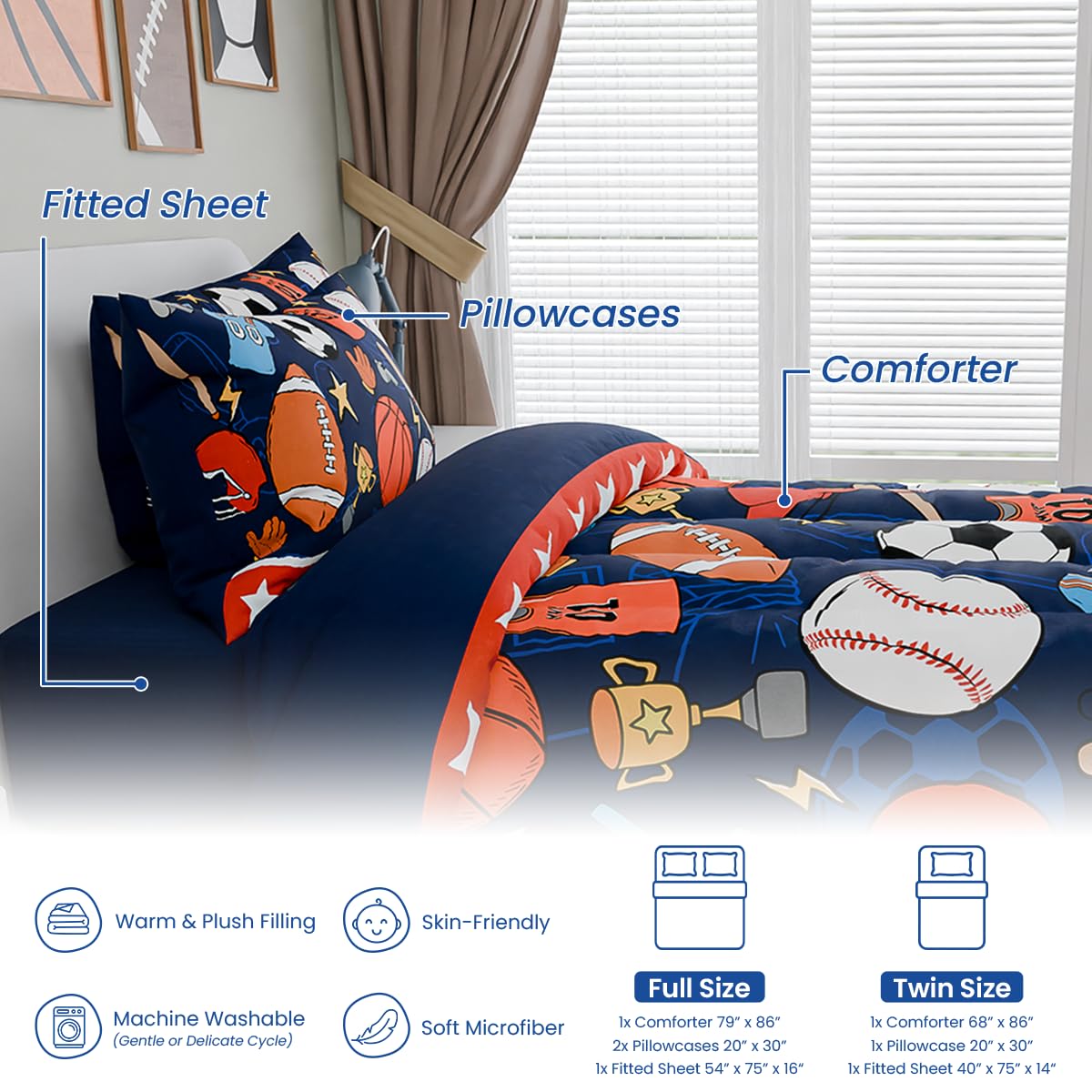 SANDJEST Sports Bedding Sets for Boys, Ultra Soft Microfiber Comforter Bed Set with 3-Pieces, Comforters Sets for Kids Children Boy Bedroom Decor