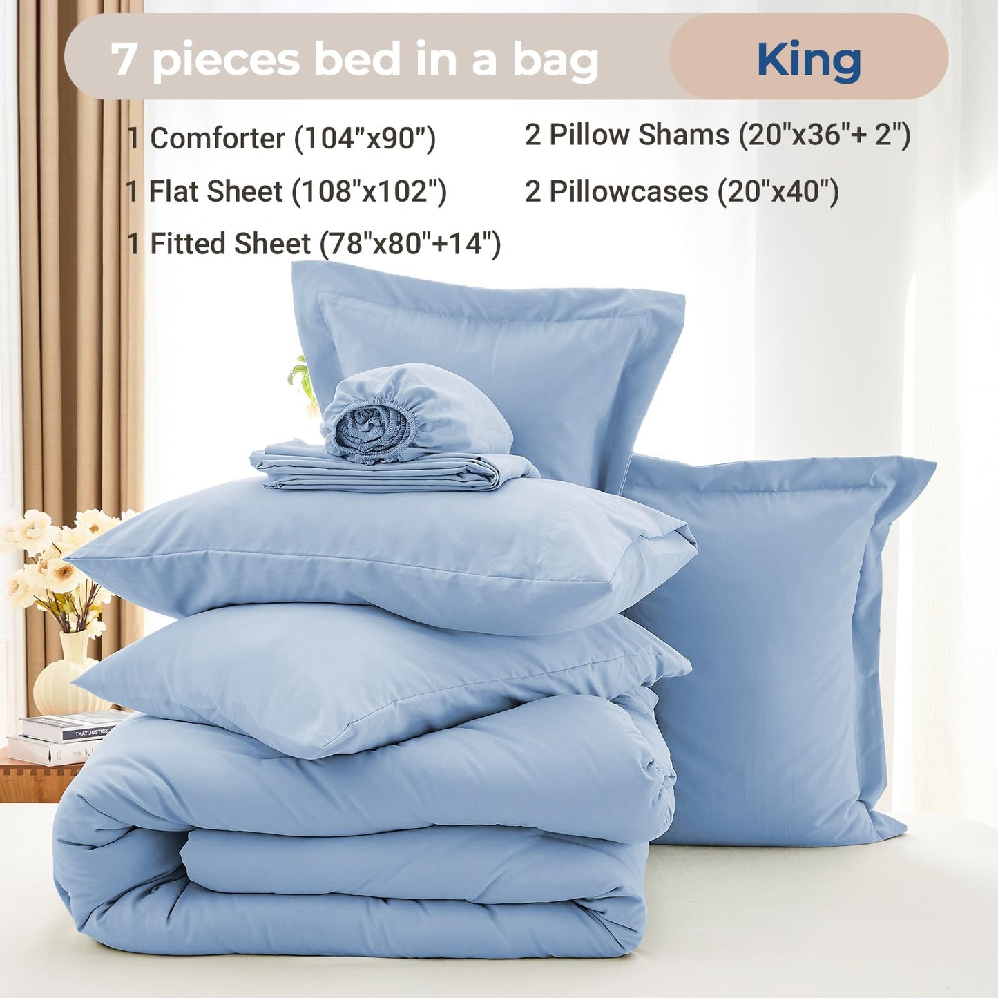 MUXHOMO 7 Pieces King Comforter Set, Soft Bed in a Bag King Size, All Season Bedding Set with Comforter, Flat Sheet, Fitted Sheet, Pillowcases & Shams, Greyish Blue