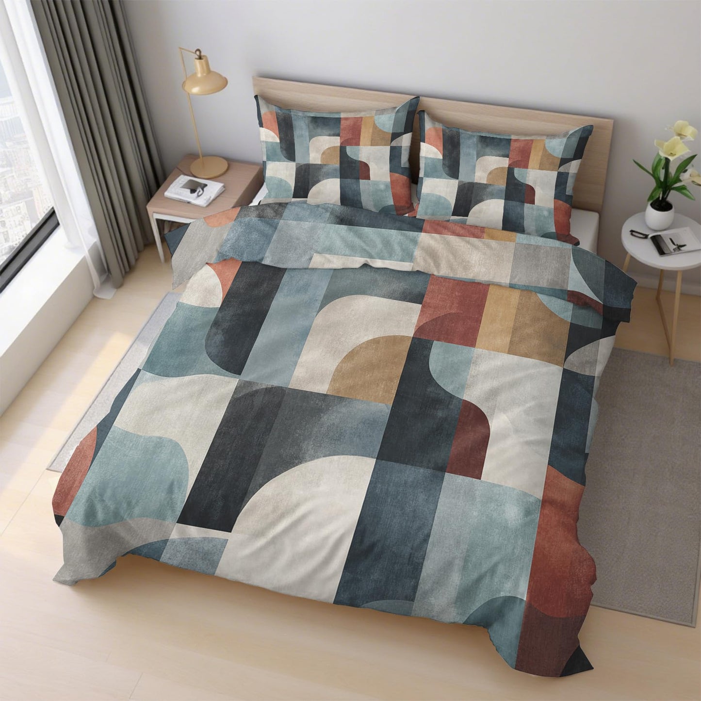Mid Century Modern Duvet Cover Twin Size, MCM Geo Bedding Set 2 pcs with 1 Pillow Cover, Abstract Geometry Bedroom Decor, Soft Microfiber Reversible, Zipper & Ties KJJT 108