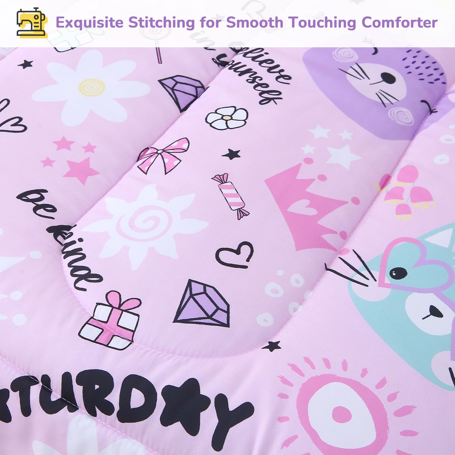 Viviland Purple Cat Toddler Comforter Sets, Cute Girls Toddler Bedding Set, Soft Microfiber Toddler Bed Set