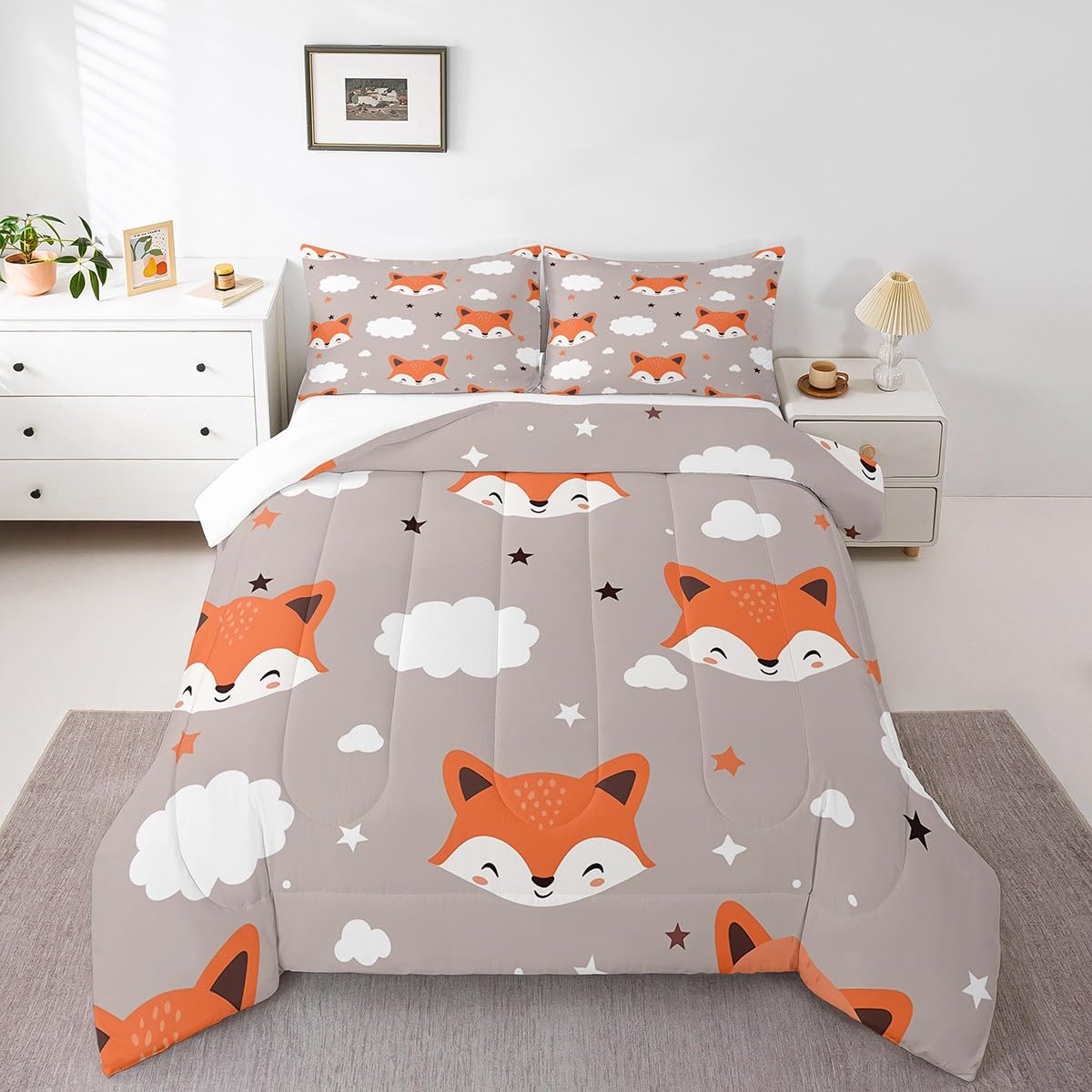 Feelyou Cute Fox Comforter Set Twin Size Kids Cartoon Fox Bedding Set for Boys Girls Teens Animal Star Cloud Comforter Breathable Woodland Fox Duvet Set Nature Wildlife Quilt Set