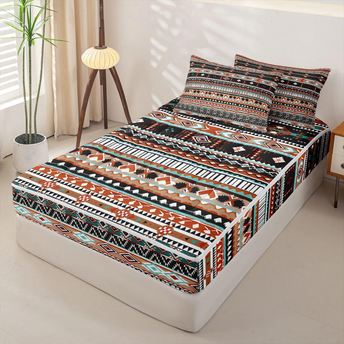 Western Zipper Bedding Queen Ethnic Tribal Arrow Zip Up Bedding Set Vintage Exotic Geometric Triangle Bed in a Bag African Indian Tribal Sriped Boho Comforter with Fitted Sheet and 2 Pillowcases