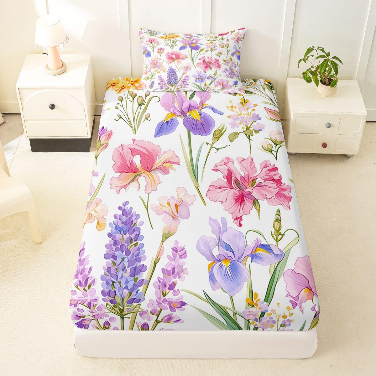 Erosebridal Pink Floral Bed Sheets Set Twin Colorful Plants Sheet Set Garden Style Flower Sheets Rustic Farmhouse Flat Fitted Sheet