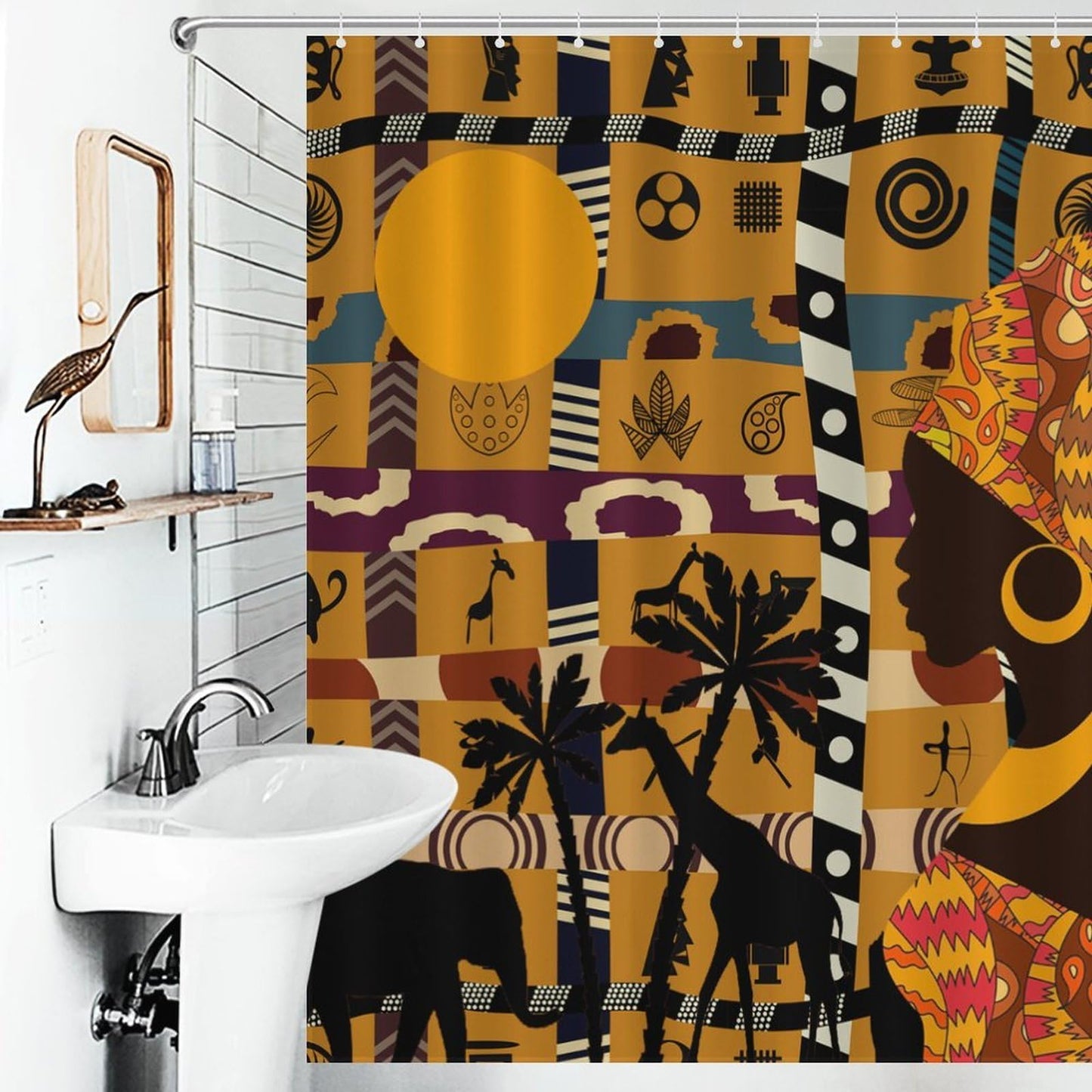 SHADIORA African Shower Curtain, Traditional African Tribal Indian Black Woman Abstract Geometric Ethnic Pattern Brown Rustic Waterproof Fabric Bathroom Shower Curtain Set with Hooks, 72"x72"