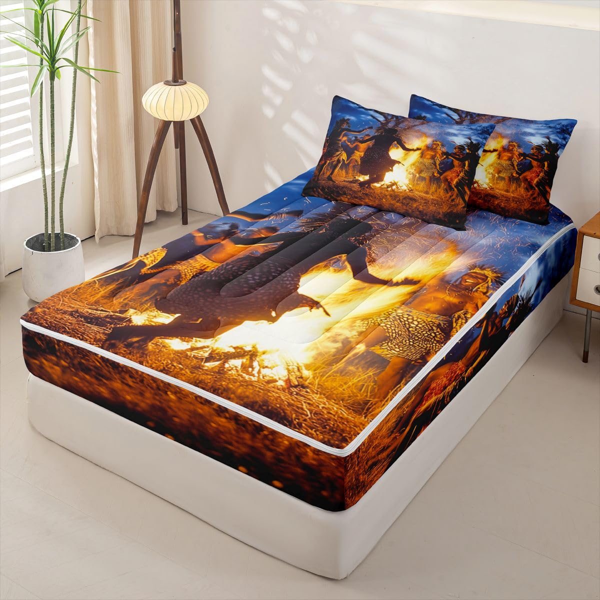 Erosebridal Black Men Zippered Comforter Set African Zipper Bedding Set Twin Size Boho Aztec Bed in a Bag Tribal Exotic Comforter with Sheets