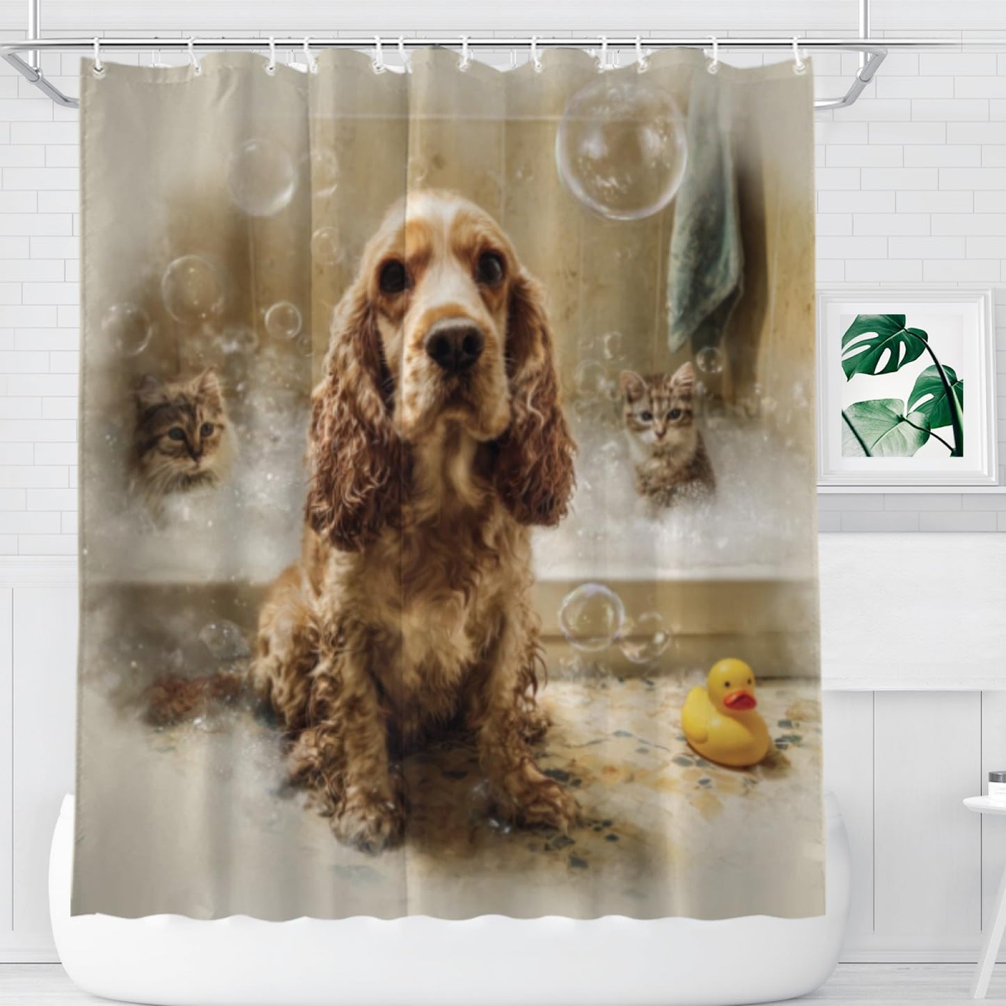 Wordatu Cocker Spaniel Shower Curtain Bathroom Set 72X72 Inches Funny Cat Lovely Animals in Bathtub for Boys Bath Farmhouse Art Home Decor Fabric 12 Hooks