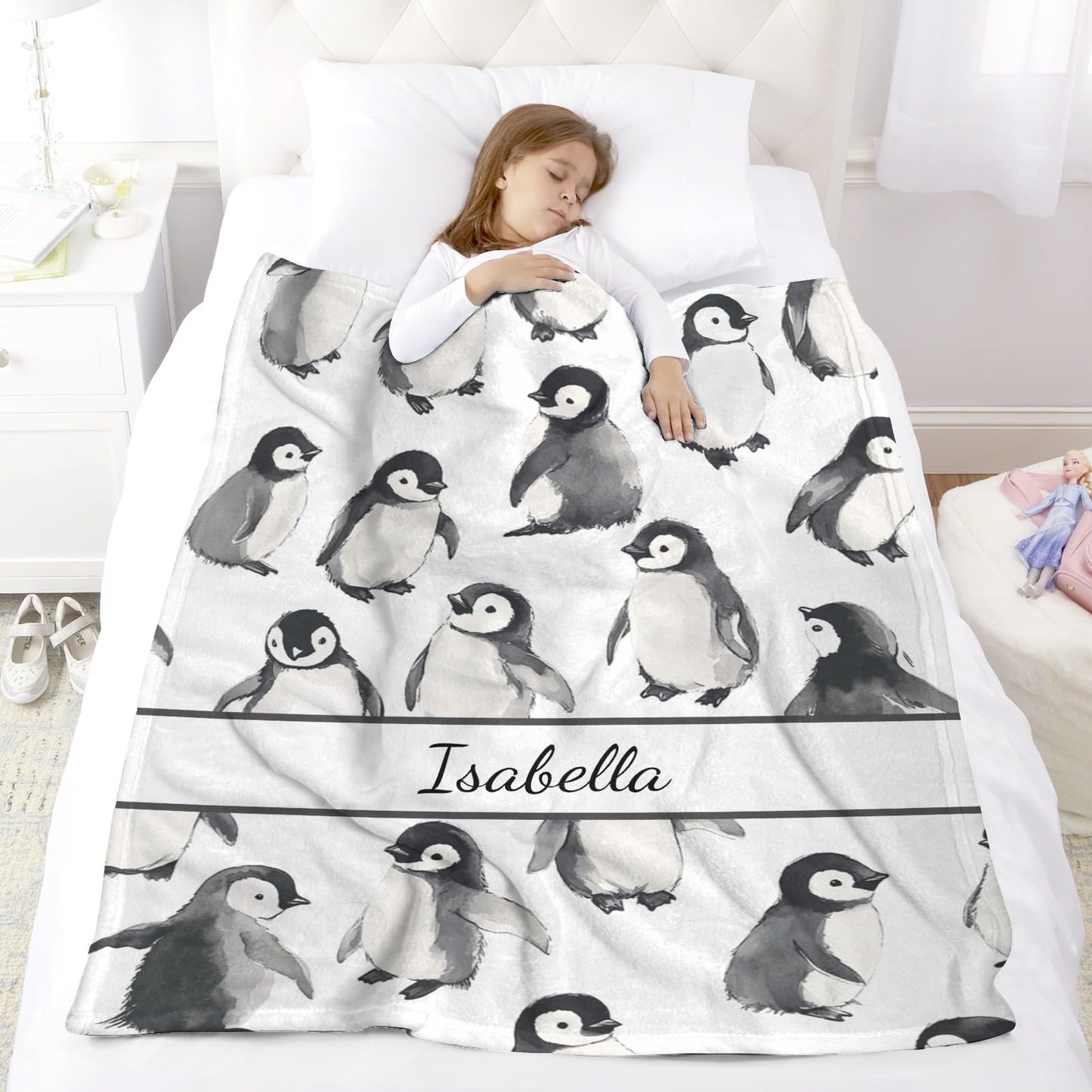 Personalized Penguin Throw Blanket, Custom Name Soft Flannel Blanket Gift for Him Mom Dad, Warm Cozy for Couch Sofa Bed Living Room