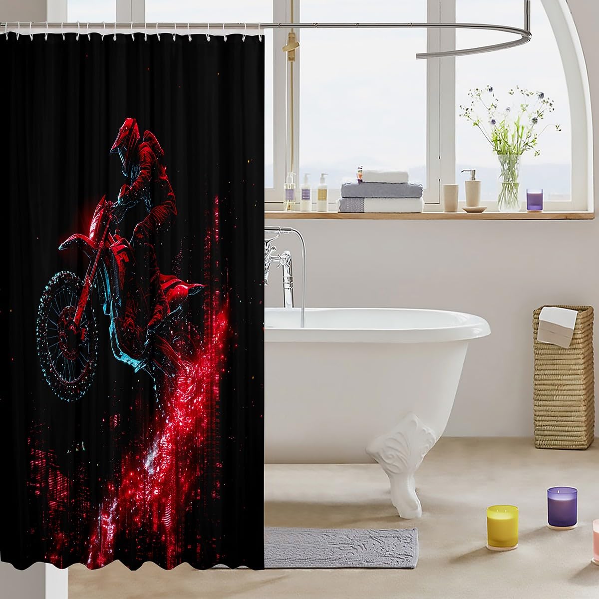 Feelyou Kids Dirt Bike Bath Curtain Racing Motocross Rider Shower Curtain Motorbike Bathroom Shower Curtain Set Boys Girls Extreme Sports Teens Bathroom Accessories Bedroom Decor 72"x78"