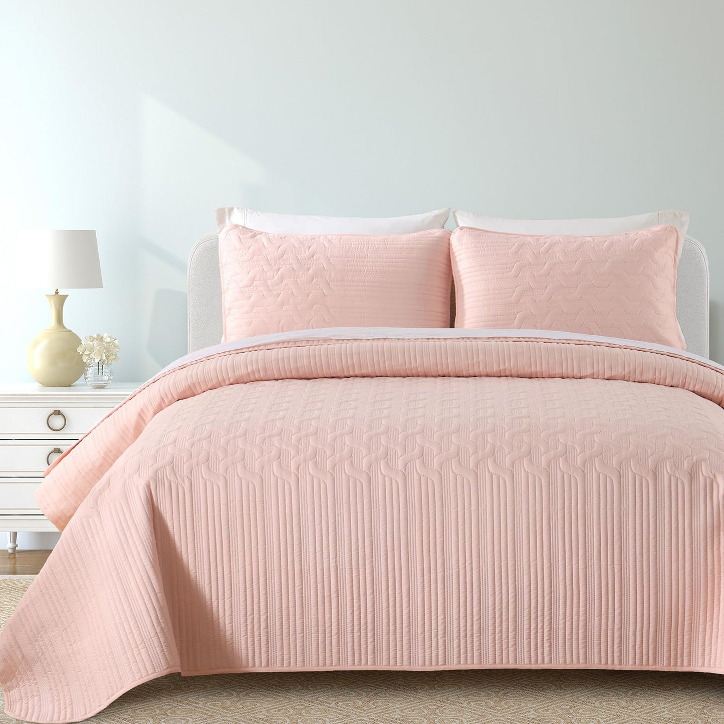 Yiran Blush Pink Quilt Set Queen Size, 3 Piece Reversible Bedspreads Bedding Set, Fall Wave Striped Pattern Coverlet for All Season with 2 Pillow Shams (Full/Queen, 96x90 Inch)